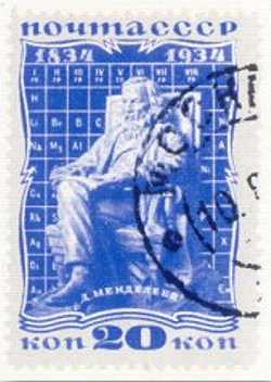 Sello soviético con la figura de Dmitri Ivanovich Mendeleiev